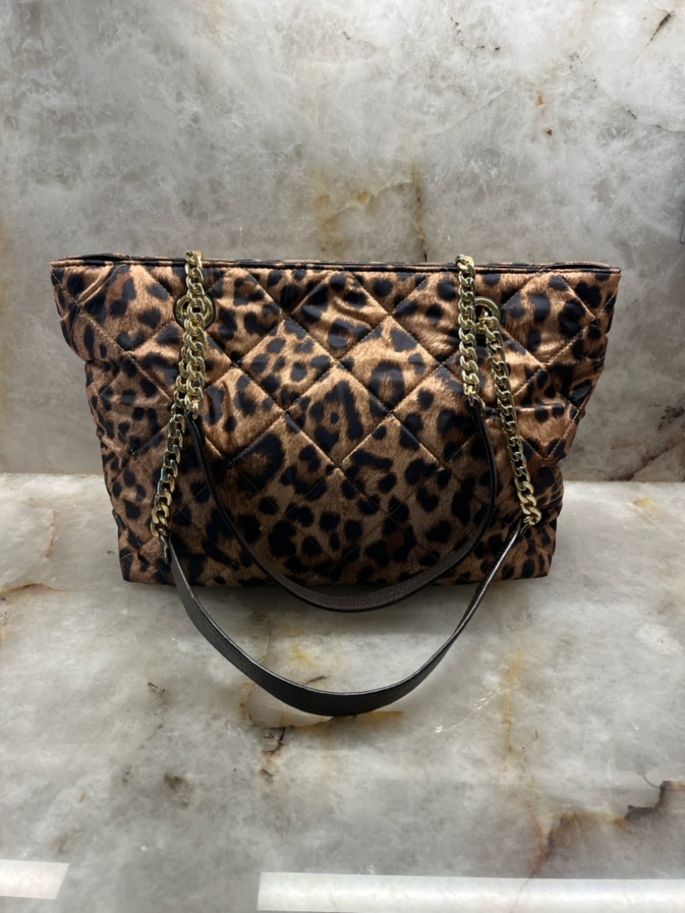 Michael Kors Leopard nylon lightweight Quilted Tote with Gold Chain Straps